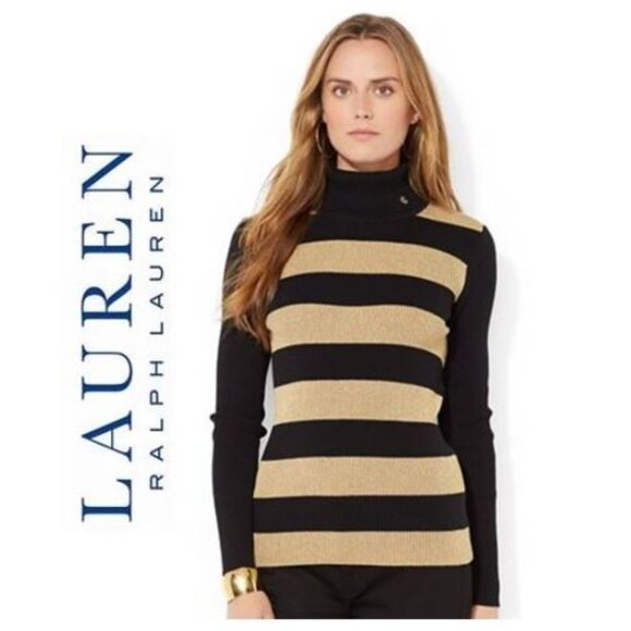 Lauren by Ralph Lauren - Black & gold long sleeve striped turtleneck sweater - Picture 3 of 12